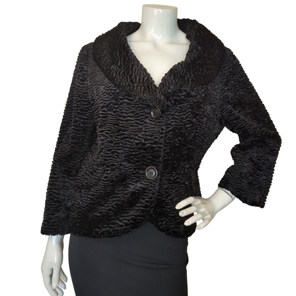 Retro Black Wool Blend Faux Persian Lambswool Short Coat Formal Dressy - Picture 4 of 15